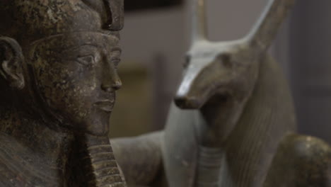 rack focus from ancient statues anubis to pharaoh in egyptian museum