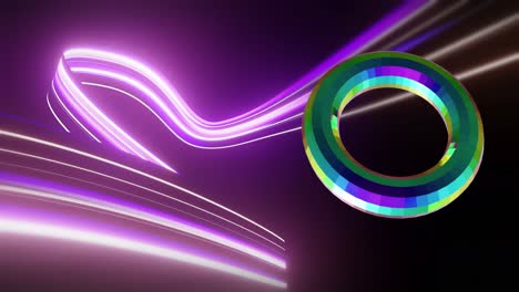 animación de una forma multicolor en 3d sobre rastros de luz púrpura de neón sobre fondo negro