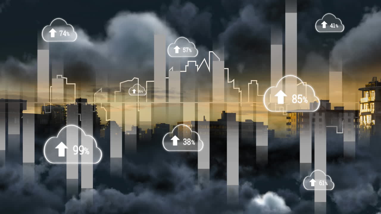 Animation of clouds with percentage and data processing over cityscape