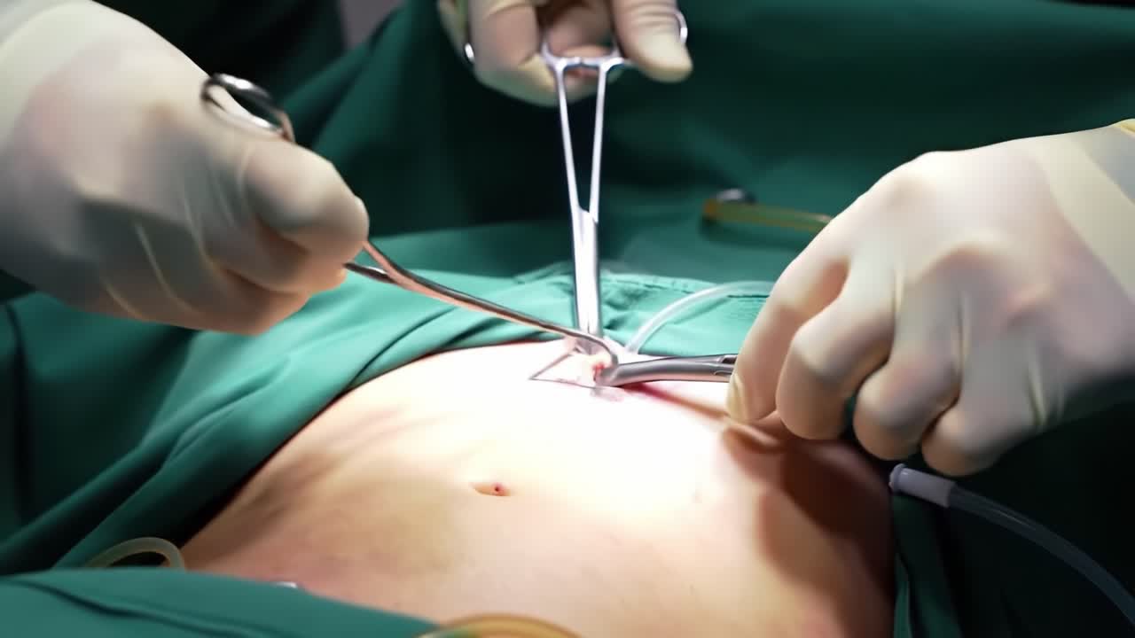 A team of skilled surgeons carefully conducts an operation in a hospital environment. Precision tools and techniques are employed as they work to ensure the patient's safety and health.