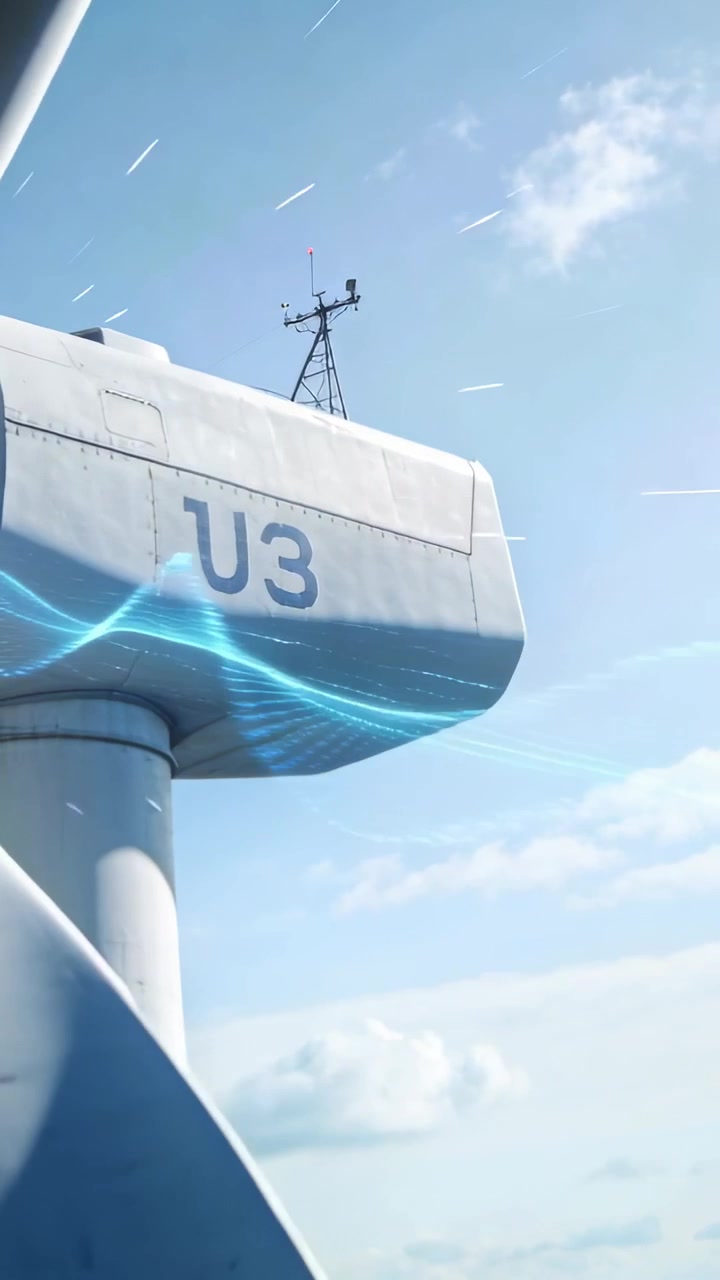 Vertikal video: Roterer under vindstød ved navet, turbinvinge forsyner elnettet, og U3-nacelle gløder