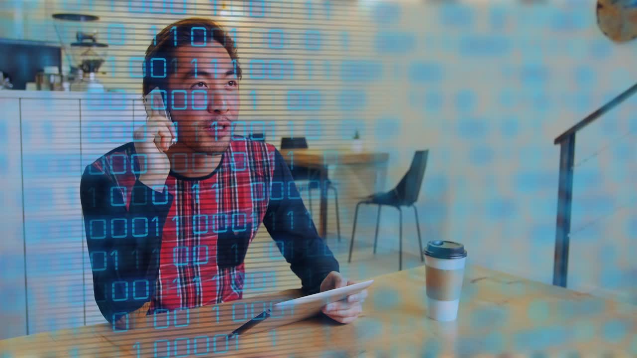 Man holding phone and tablet in cafe, receiving call, reading work data as tech overlay sweeping