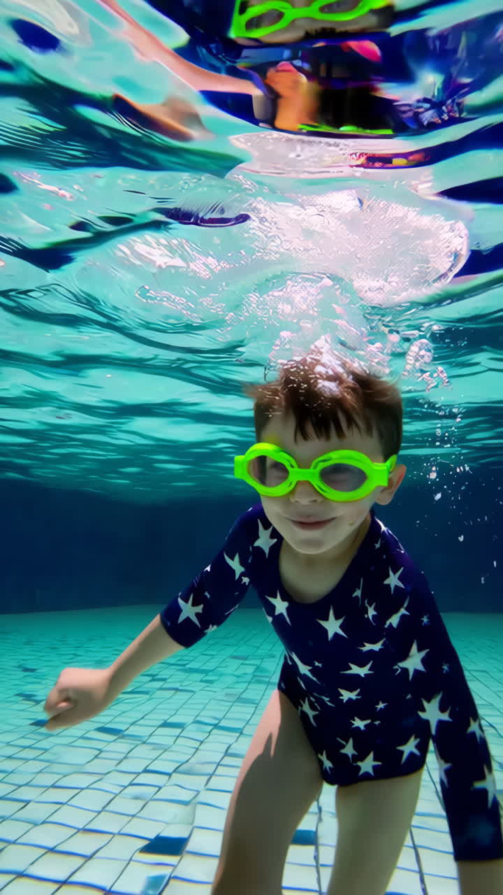 Child swimming and playing underwater in a pool