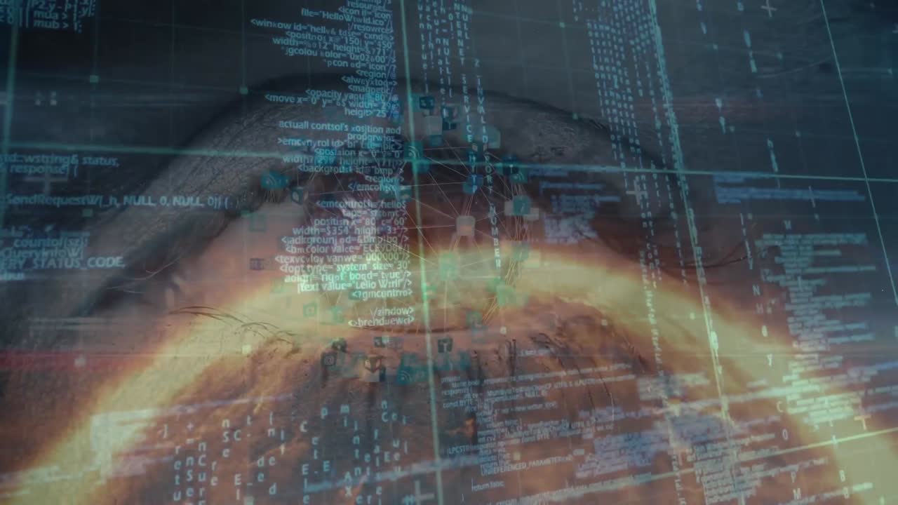 animación del procesamiento de datos y el ojo sobre el globo sobre fondo azul