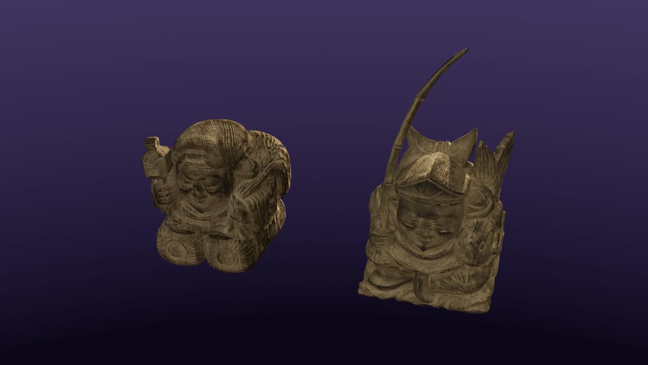Ebisu and Daikoku, carvings, japanese, cg, camera orbits