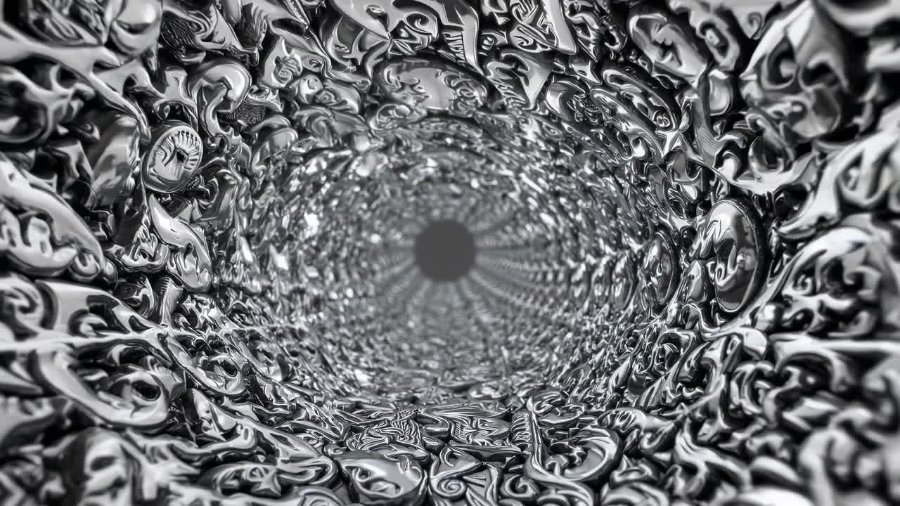 Abstract metallic tunnel visualizes fluid motion with intricate textures, showcasing a dynamic flow of reflective patterns and shapes in a continuous sequence