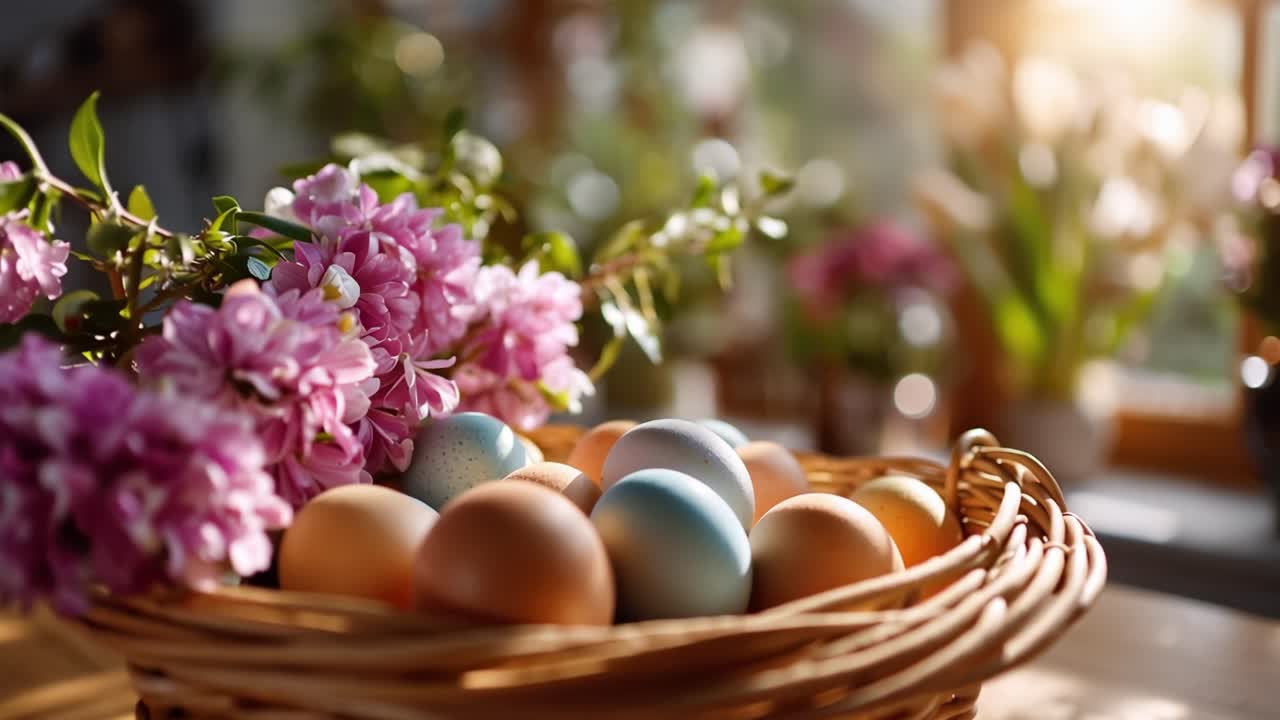 Warm light spills through a window. Woven basket holds colorful eggs. Pink flowers surround the basket. Soft focus adds gentle ambiance. Ideal for spring or Easter themes