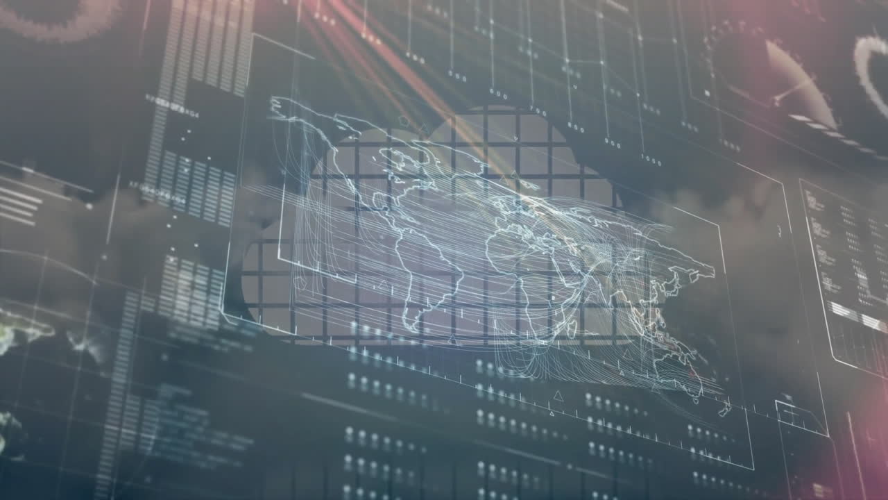 Holographic world map streaming data in 3D render interface, with floating panels and grid overlays