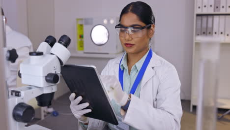 medical science, woman and laboratory with tablet