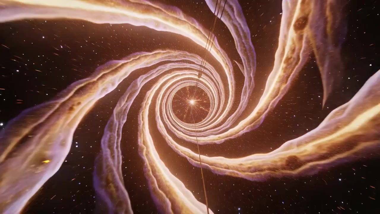 Et fremrykkende kamera nærmer seg en spiralvirvel med flere armer langs en tynn line mot kjernen i rommet.