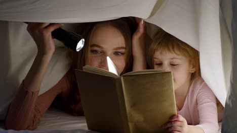 Mother-and-daughter-lying-in-bed-at-home-under-duvet-blanket-and-reading-bedtime-stories,-fairytales