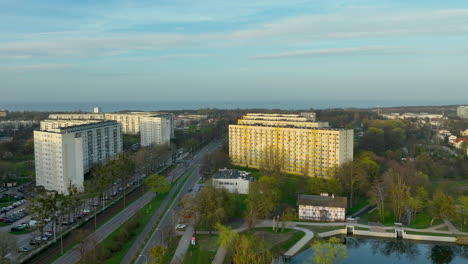 Apartment-buildings-next-to-community-park-and-lake-in-Gdansk-Poland