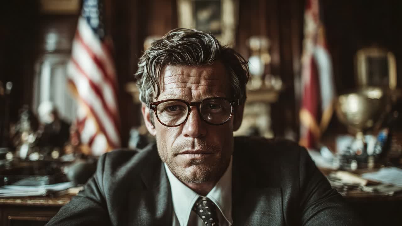 A Serious Man in a Suit: The Focused Portrait of a Determined Individual Surrounded by Symbolic Elements Reflecting Power and Authority in a Classic Office Setting