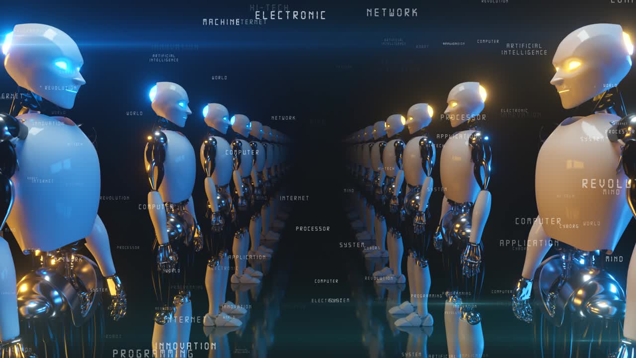 An endless corridor of robots facing each other. Future technology and artificial intelligence concept. Words flying by robots. Blue and yellow neon glow. Seamless loop 3d render