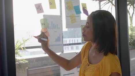 African-american-businesswoman-writing-on-glass-window-with-memo-notes-at-office