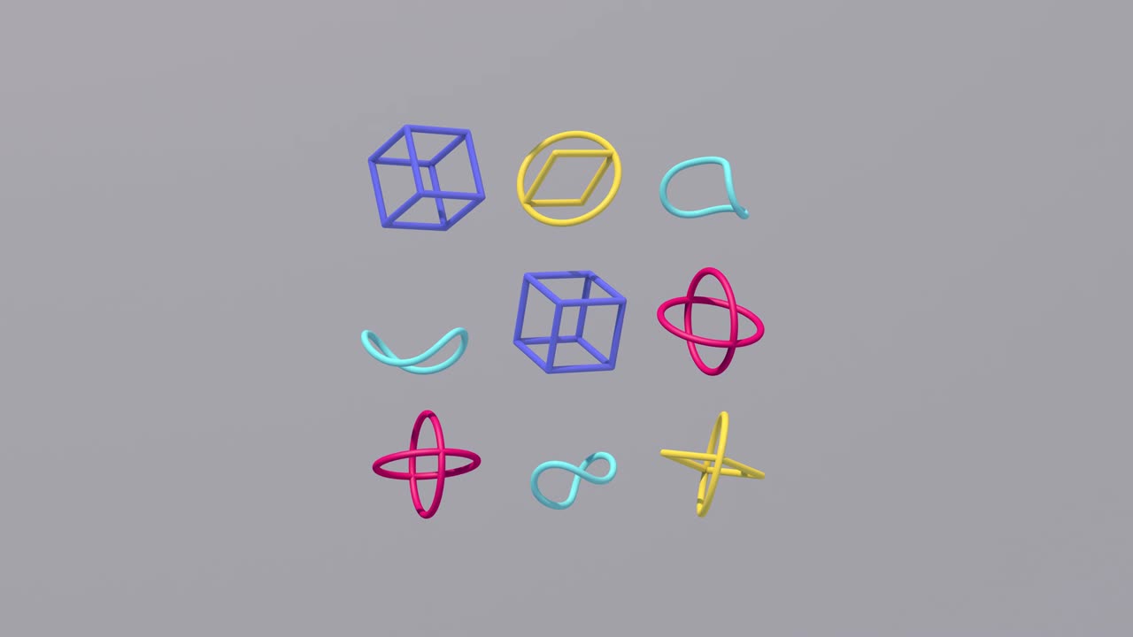 las formas azules, rosas y amarillas cayendo. fondo gris. animación abstracta, renderizado en 3d.
