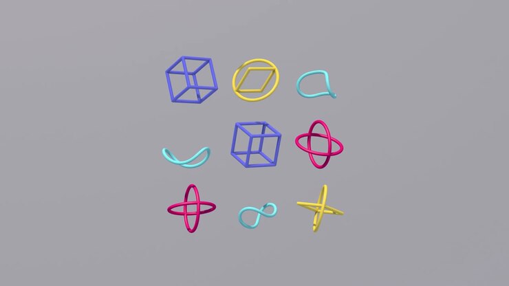 Forme blu, rosa e gialle che cadono. Sfondo grigio. Animazione astratta, rendering 3D.