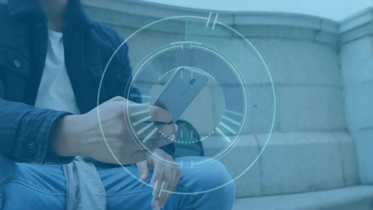 스마트폰을 들고, 디지털 시계 애니메이션을 통해 계단에 앉아있는 사람