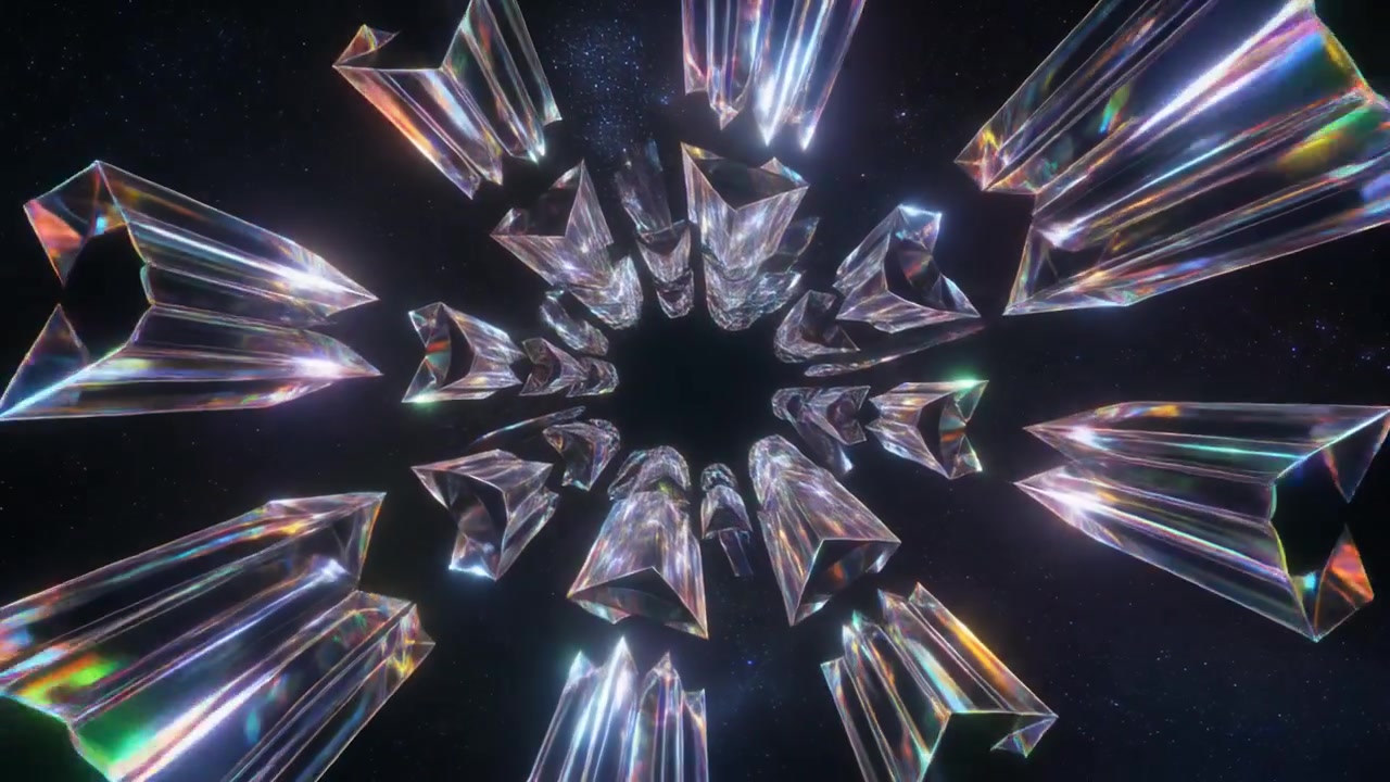Abstract Tunnel of Rotating Iridescent Crystal Prisms in Space