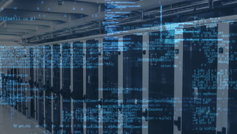 animación del procesamiento de datos frente a una sala de servidores de computadora vacía