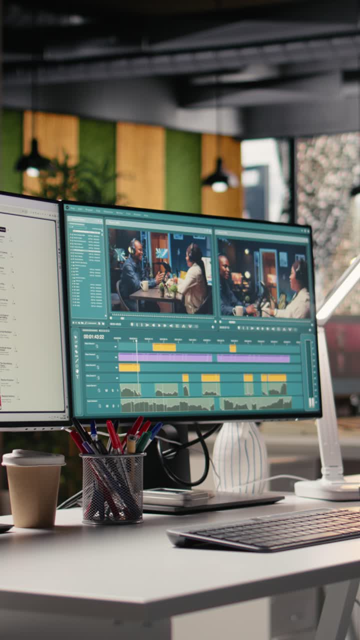 Computer Monitor Displaying Video Editing Software in Office