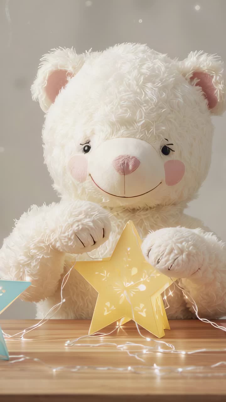 Vertical video: Holding glowing star, white plush bear nudging star to center on wooden tabletop