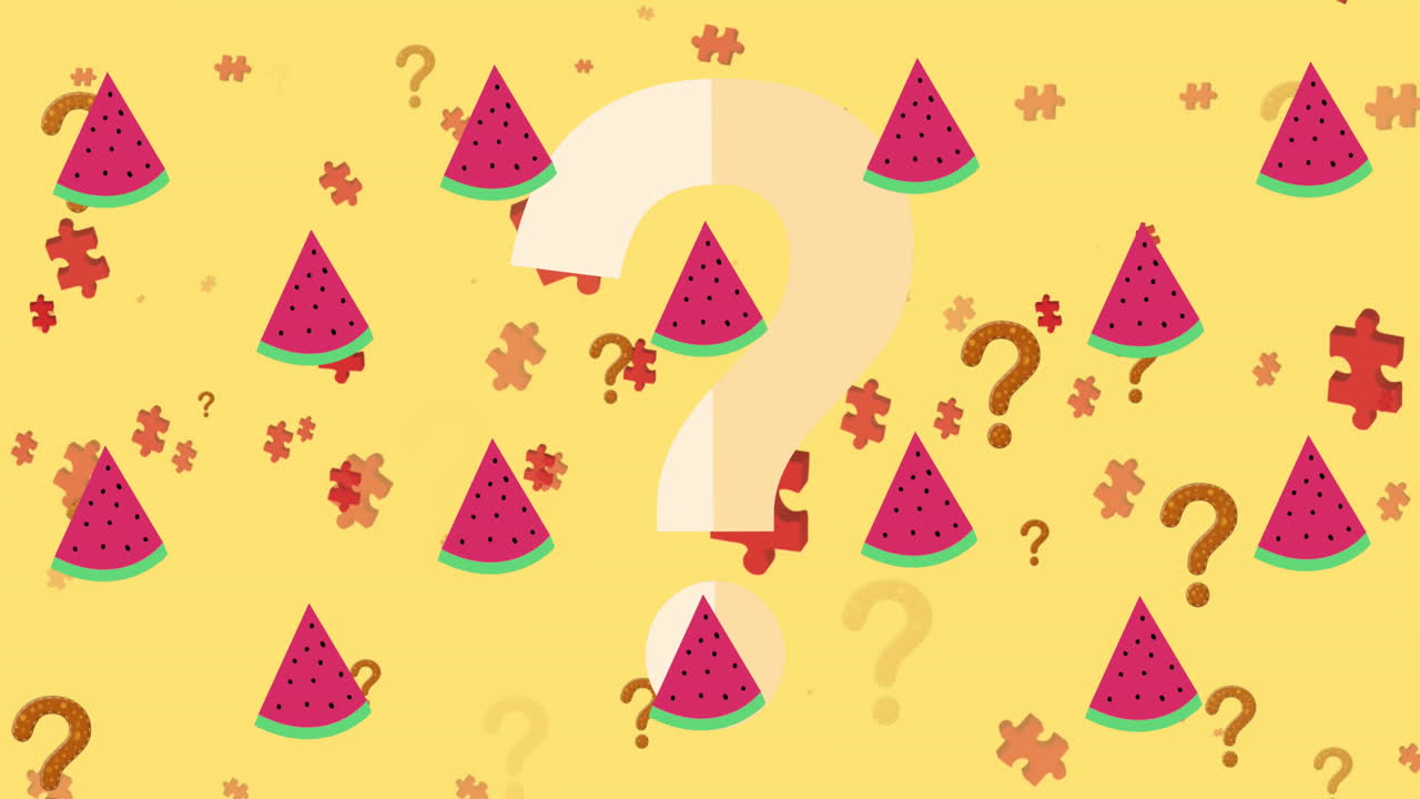 Animation of question marks over puzzle and watermelon icons
