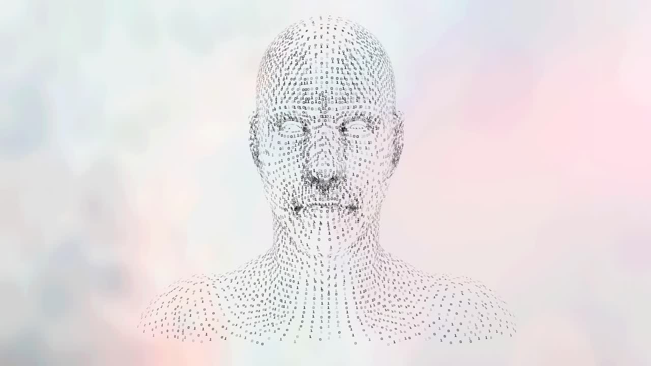 animación de la cabeza humana formada con partículas grises que giran sobre el fondo de las nubes