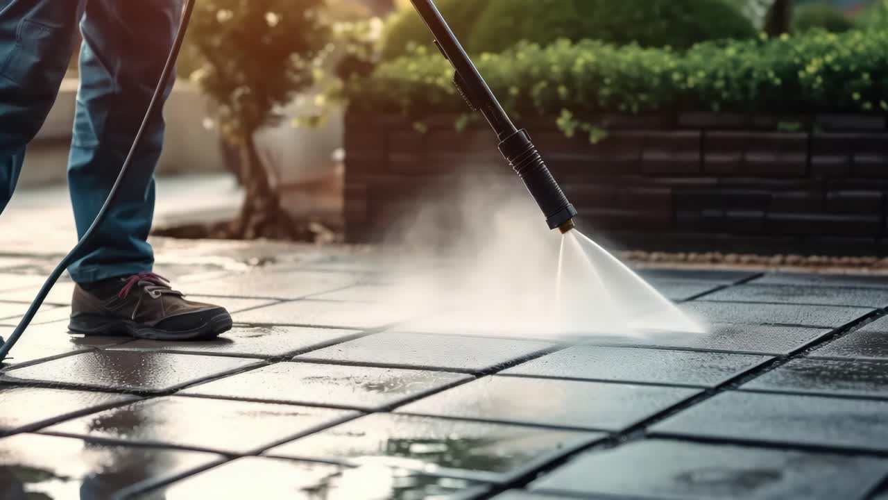 Low-angle shot of a person power washing a patio, highlighting the cleaning process