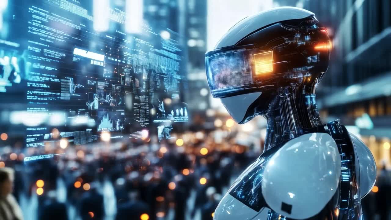 Futuristic AI Robot in Urban City