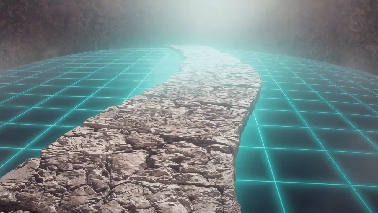 Starting cam tracking cracked stone path in cavern showing teal grid misty portal haze rocky walls