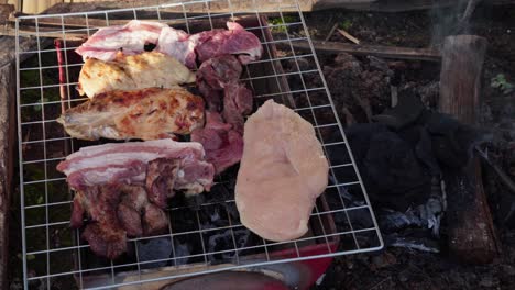 close-up of raw chicken and pork sizzling on a barbecue grill with smoking charcoal embers, capturing the essence of traditional grilling and outdoor cooking barbecue thailand