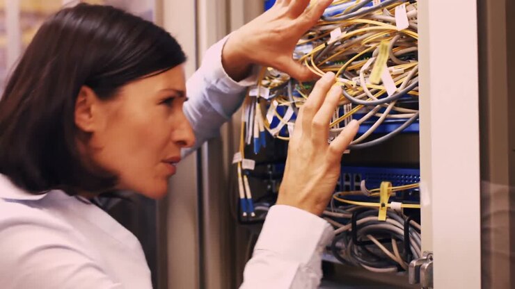techniker überprüft kabel in einem rack-server