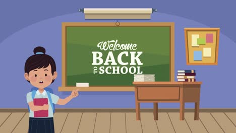 back to school lettering in chalkboard with schoolgirl classroom