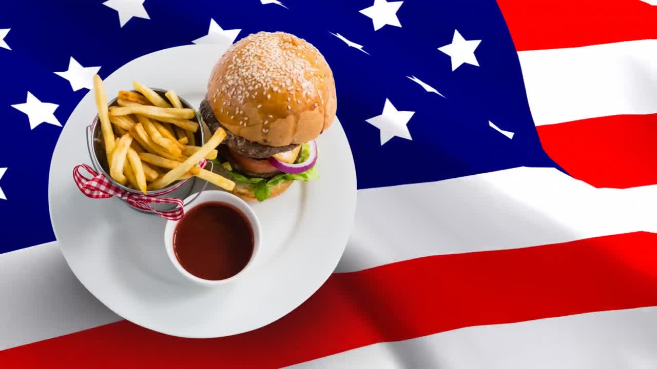 plato de comida contra la bandera de los estados unidos