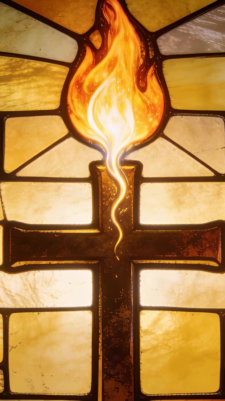 Video verticale: Croce di vetro colorato tremolante, fiamma che sale come retroilluminazione che riscalda in una cappella.