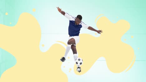 Animation-Eines-Fußballspielers-Mit-Ball-über-Gelben-Klecksen-Auf-Grünem-Hintergrund