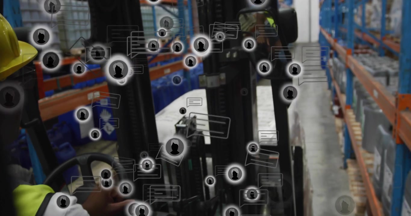 Forklift operator gripping wheel and driving through aisle lifting pallet, data icons drifting