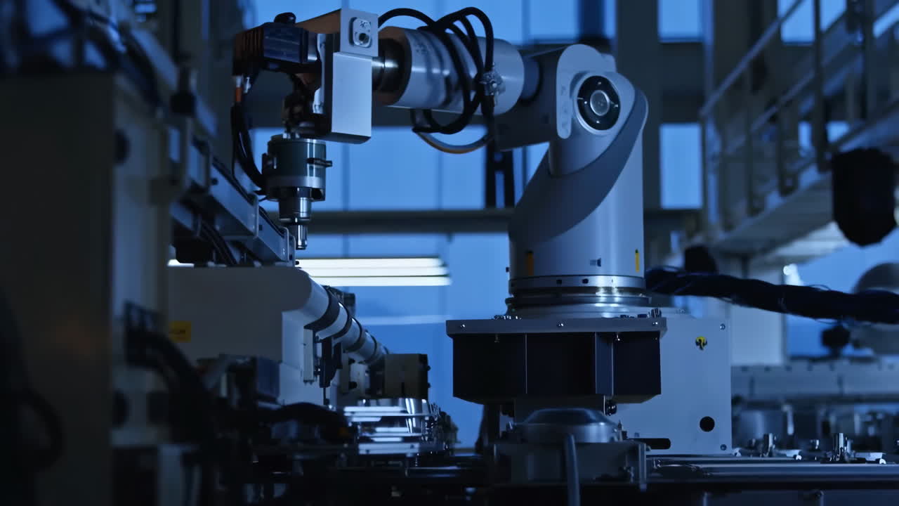 Industrial Robotic Arm in Automated Factory Production Line