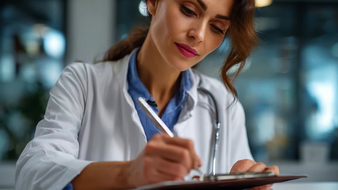Un professionista sanitario dedicato, concentrato sulle cartelle dei pazienti in un ambiente medico moderno, che illustra l'importanza della cura dei dettagli nella documentazione sanitaria e nell'assistenza ai pazienti