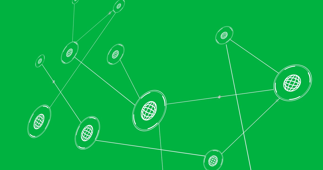 Animazione di una rete di connessioni con icone a forma di globo su sfondo trasparente