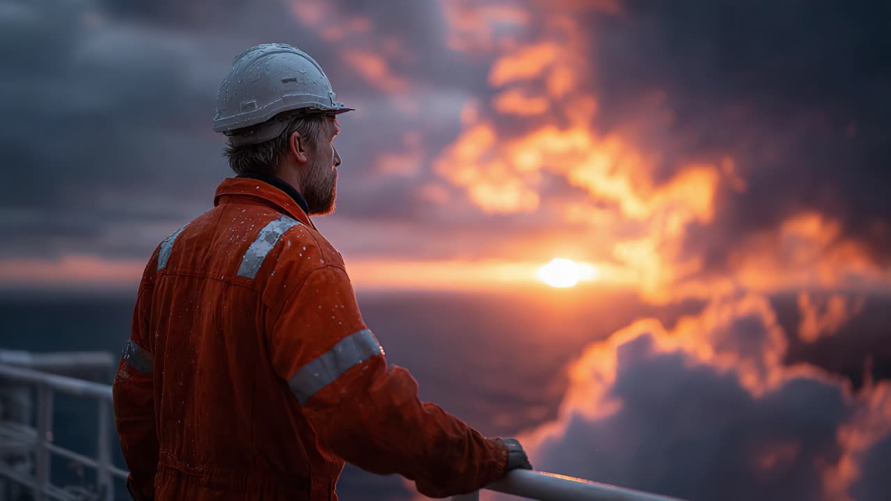 A Maritime Worker Contemplates the Beautiful Sunset Over the Ocean, Embracing the Peaceful Yet Adventurous Spirit of Life at Sea