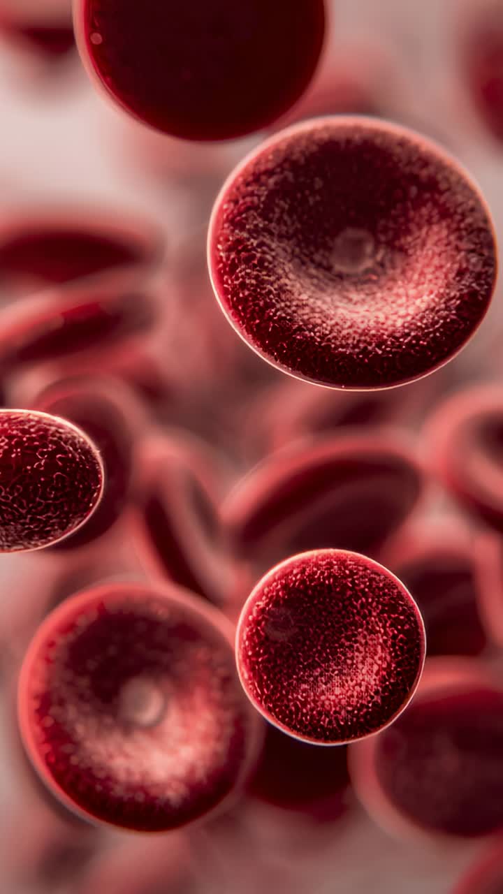 Vertical video: Entering frame red blood cells drifting inside vessel, rotating in plasma stream