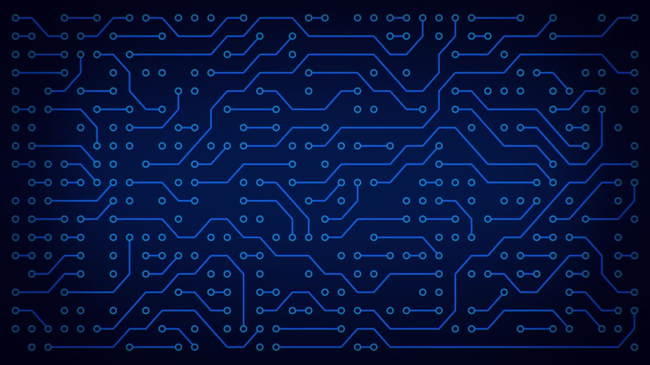 추상적인 전자 블루 회로판 배경. 인공 지능. 미래 기술. 4k 원활한 루프. 움직이는 전자를 가진 회로판. 미래의 hud.