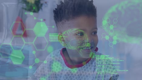 animation of medical data processing over biracial boy patient