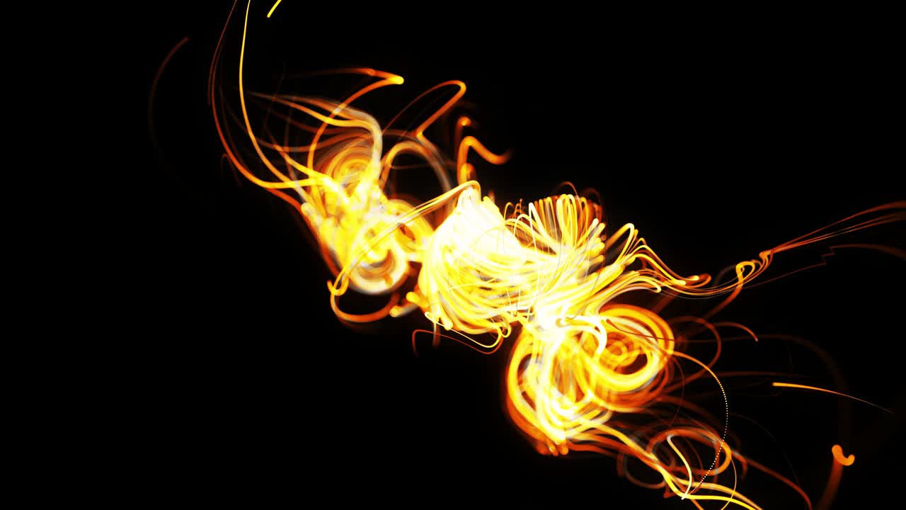 el flujo de partículas forma líneas amarillas rizadas como senderos de luz brillante, las líneas forman un patrón giratorio como ruido de rizado. animación 3d abstracta como fondo festivo creativo brillante. líneas rápidas de luz