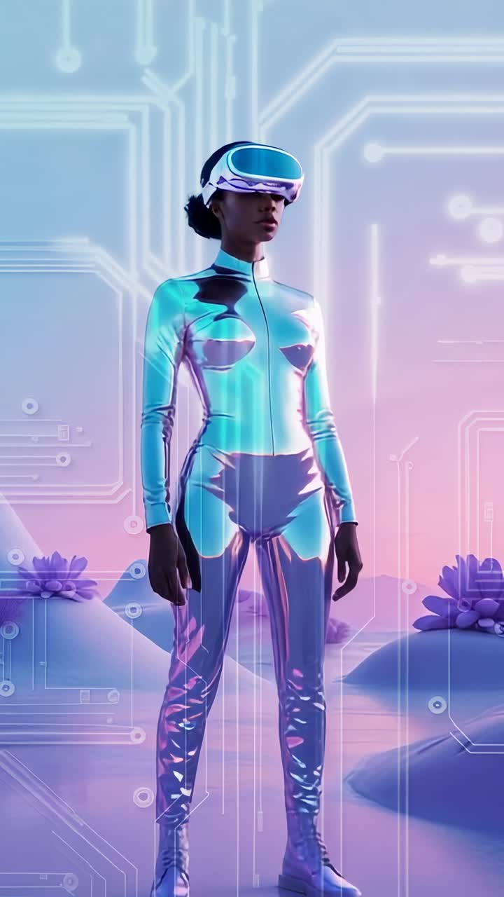 Vertical video: Starting VR session, woman turning head exploring pastel VR world, with VR headset