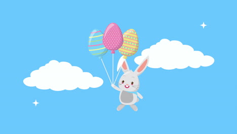 feliz pascua tarjeta animada con conejo en huevos globos de helio