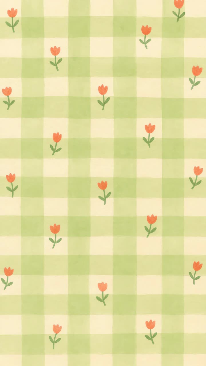 Top-down-perspektiv af et pastelgrønt ternet mønster med små røde blomster, ideelt til et finurligt design
