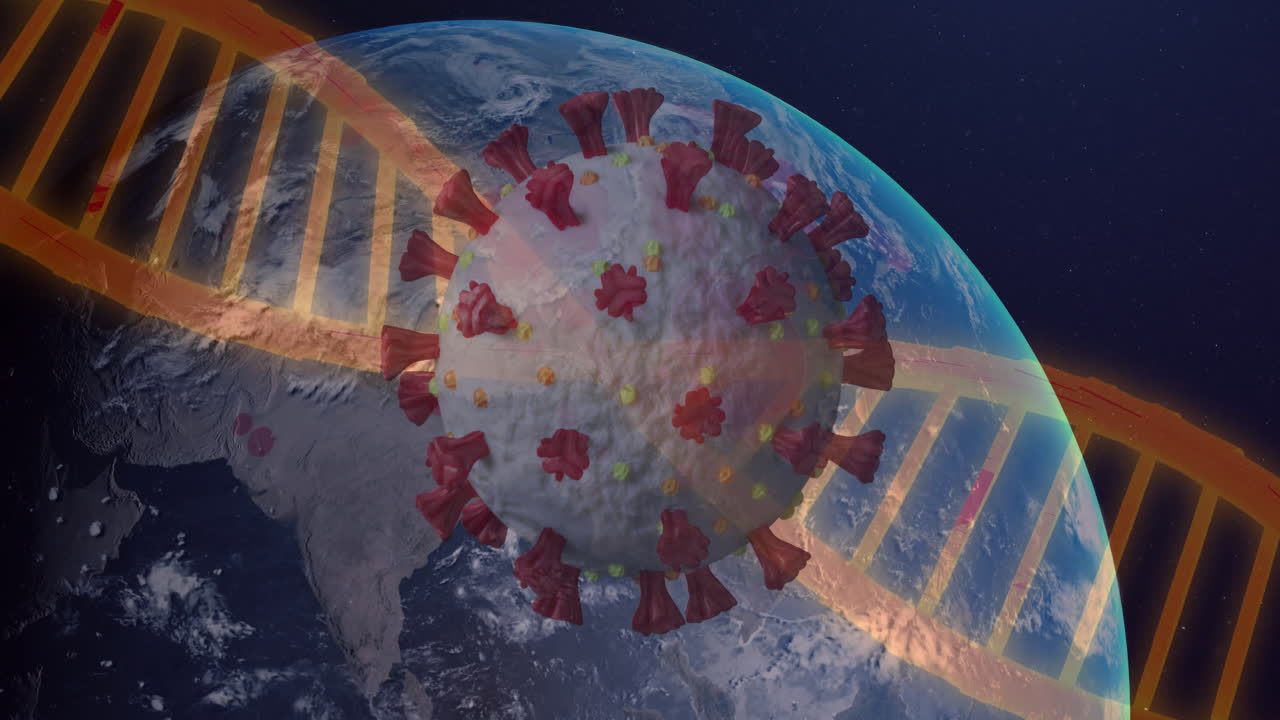 dna와 코로나바이러스 박테리아가 지구 위를 날고 있습니다.